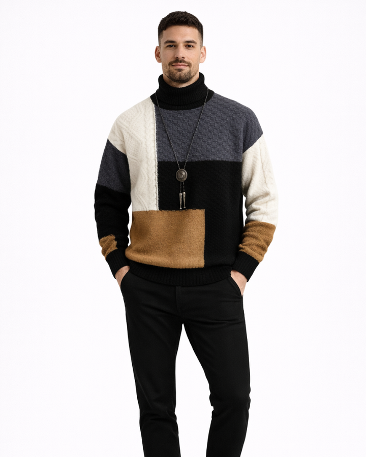 Joshue Maglione Pánsky Patchwork – Bavlnený Sveter s Okrúhlym Výstrihom Mäkký Casual Štýl