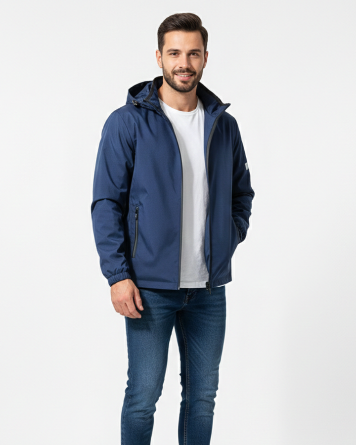 Chaqueta de Hombre Cobalto con Capucha – Cortaviento, Ligera y Deportiva para Primavera y Otoño