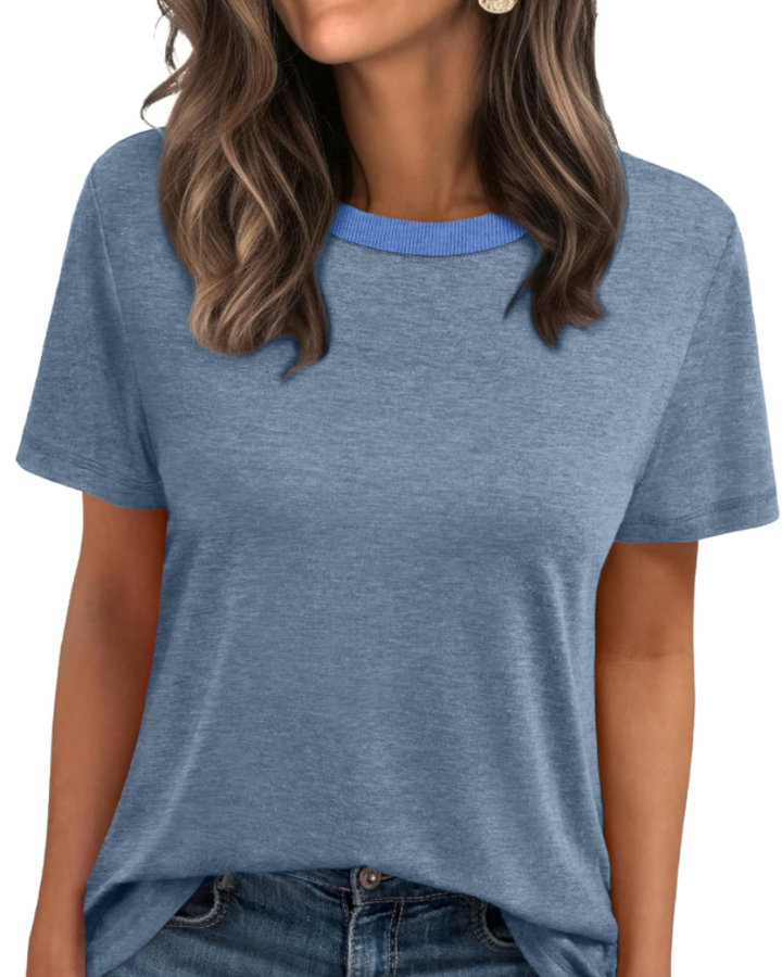 T-shirt Velora Femme – Col Rond avec Bord Côtelé, Manches Courtes & Top Basique Décontracté