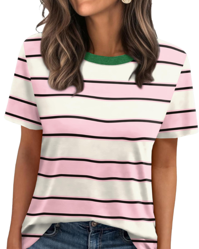 T-shirt Velora Femme – Col Rond avec Bord Côtelé, Manches Courtes & Top Basique Décontracté