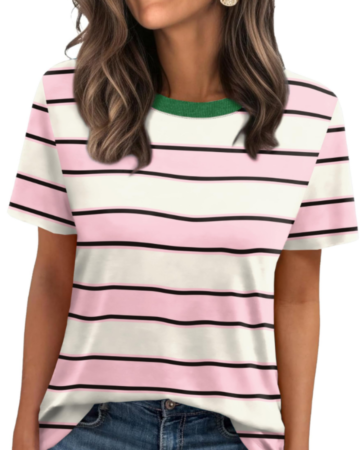T-shirt Velora Femme – Col Rond avec Bord Côtelé, Manches Courtes & Top Basique Décontracté