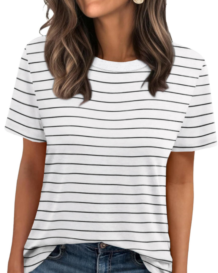 T-shirt Velora Femme – Col Rond avec Bord Côtelé, Manches Courtes & Top Basique Décontracté