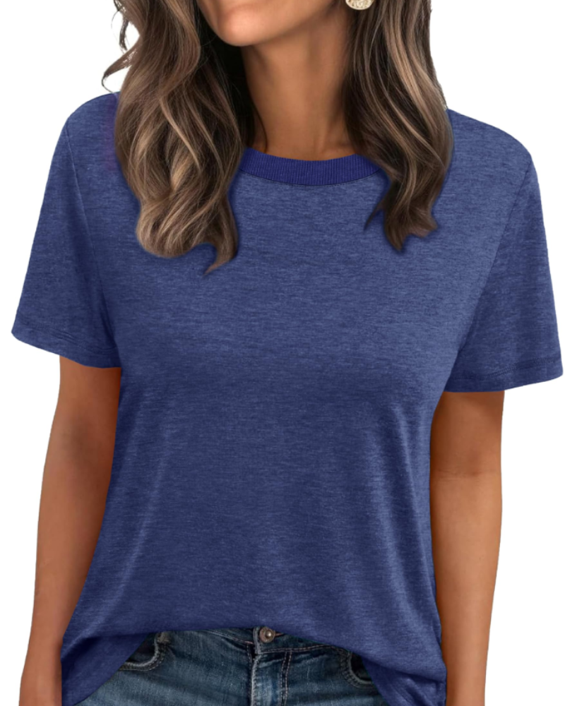 T-shirt Velora Femme – Col Rond avec Bord Côtelé, Manches Courtes & Top Basique Décontracté