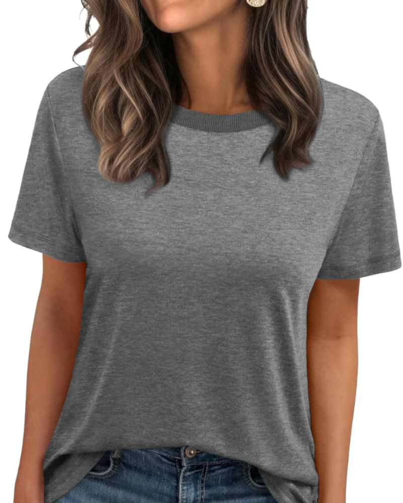 T-shirt Velora Femme – Col Rond avec Bord Côtelé, Manches Courtes & Top Basique Décontracté