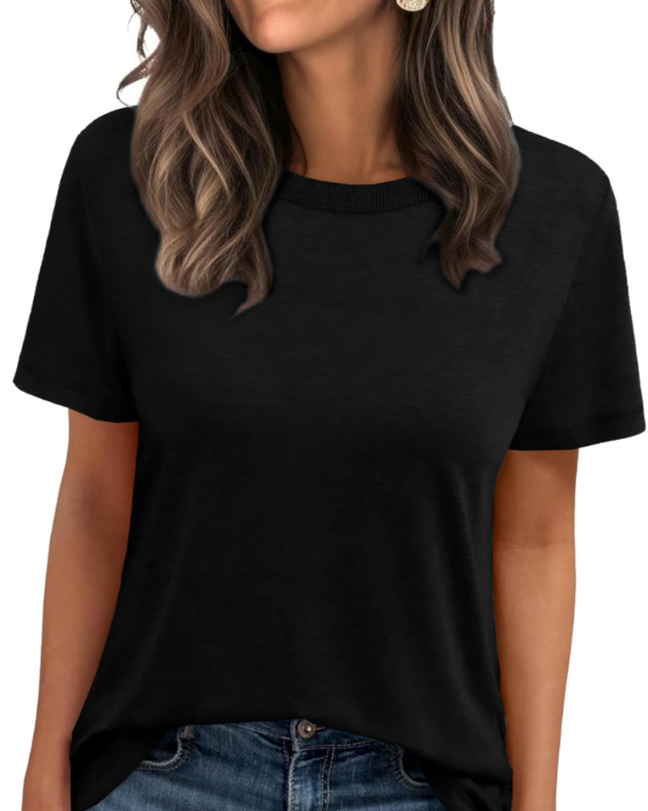 T-shirt Velora Femme – Col Rond avec Bord Côtelé, Manches Courtes & Top Basique Décontracté