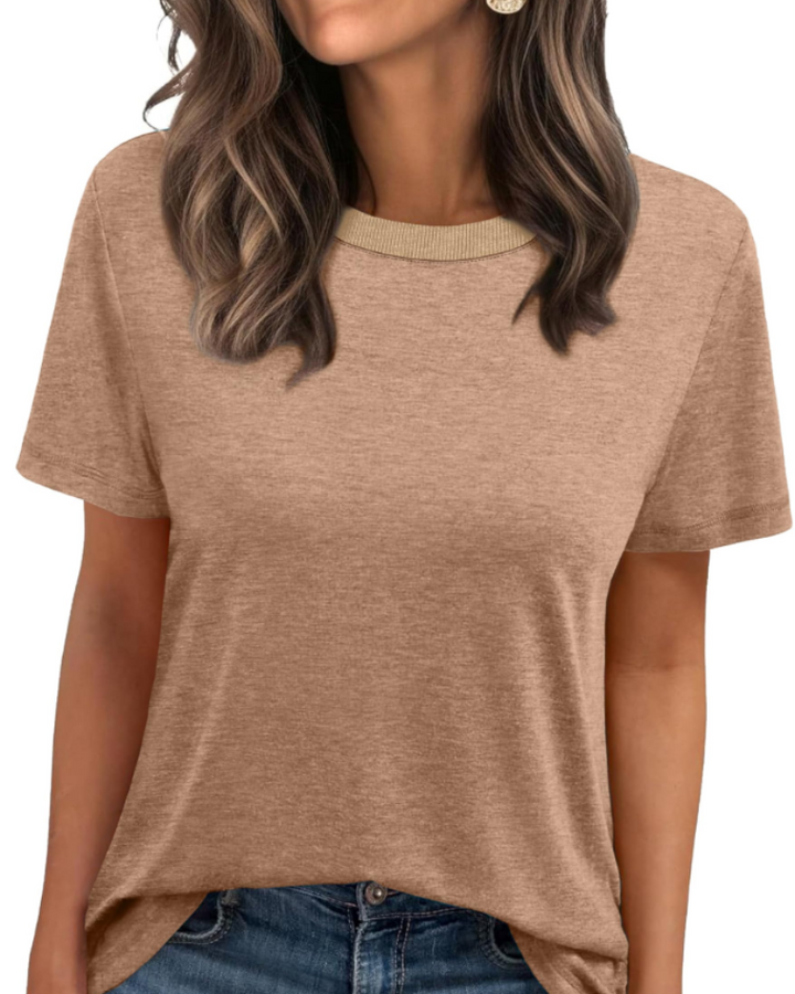 T-shirt Velora Femme – Col Rond avec Bord Côtelé, Manches Courtes & Top Basique Décontracté