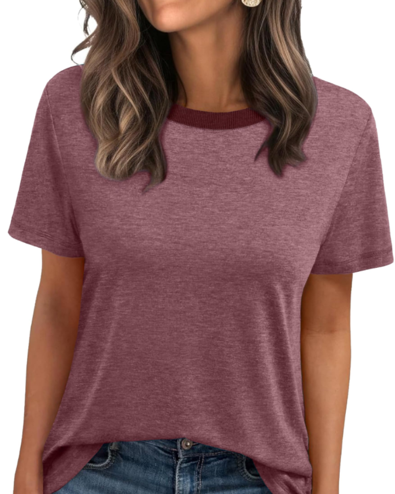 T-shirt Velora Femme – Col Rond avec Bord Côtelé, Manches Courtes & Top Basique Décontracté