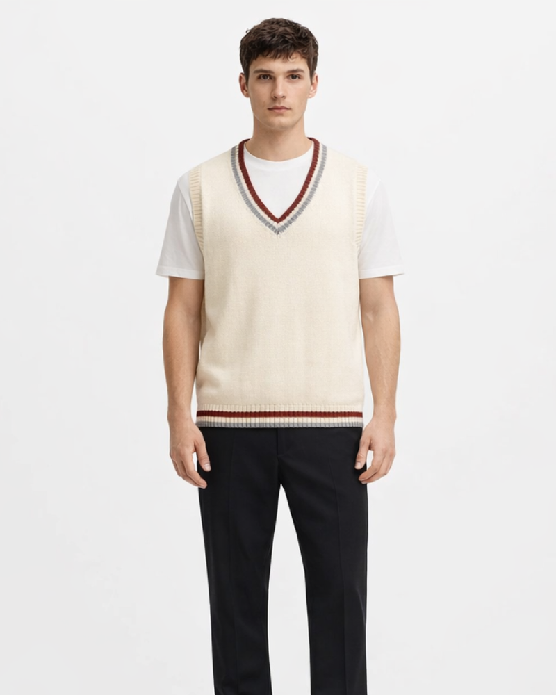 Antonio Chaleco Hombre Oversize – Suéter Cuello en V a Rayas Estilo Casual Universitario