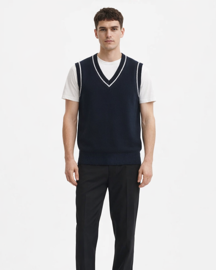 Antonio Chaleco Hombre Oversize – Suéter Cuello en V a Rayas Estilo Casual Universitario