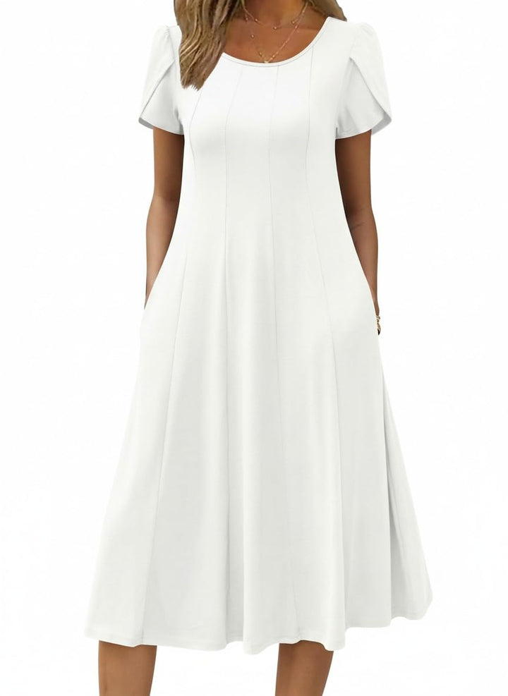 Vestido Midi Belle para Mujer – Cuello Redondo, Mangas Abullonadas y Bolsillos, Línea A Elegante