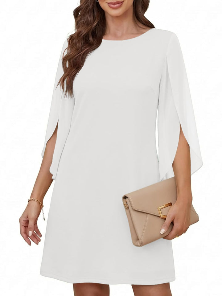 Vestido Elegante Marino para Mujer – Cuello Redondo, Mangas 3/4 de Chifón y Largo hasta la Rodilla
