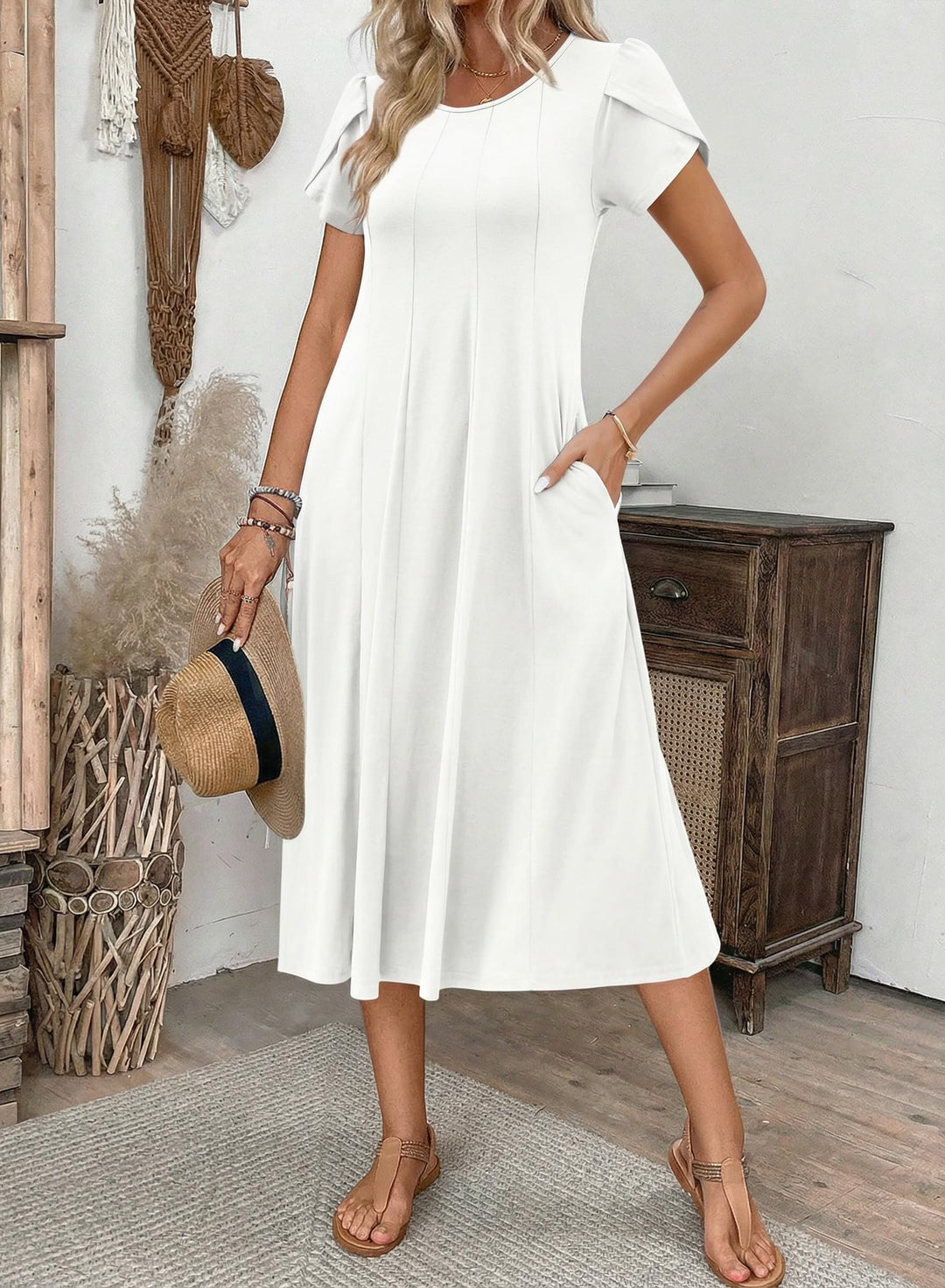 Vestido Midi Belle para Mujer – Cuello Redondo, Mangas Abullonadas y Bolsillos, Línea A Elegante