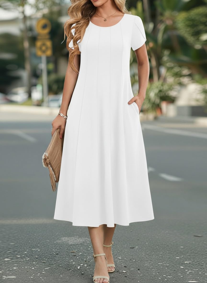 Vestido Midi Belle para Mujer – Cuello Redondo, Mangas Abullonadas y Bolsillos, Línea A Elegante