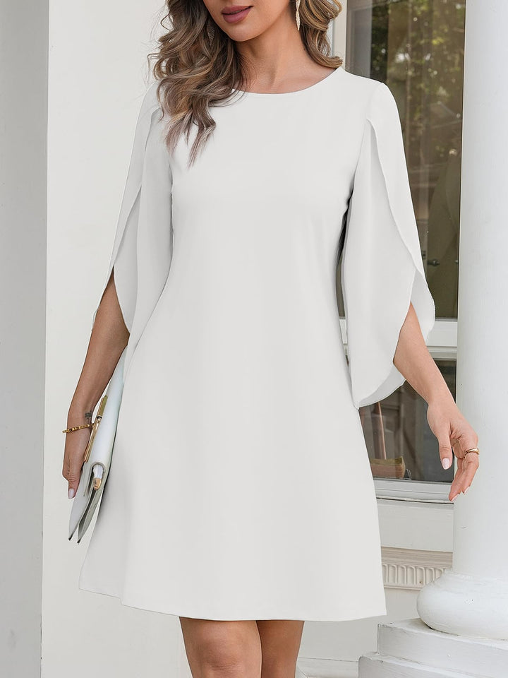 Vestido Elegante Marino para Mujer – Cuello Redondo, Mangas 3/4 de Chifón y Largo hasta la Rodilla