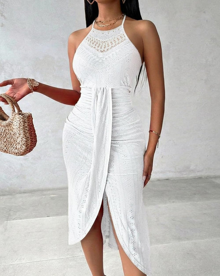 Arla Vestido Maxi Mujer – Halter, Bordado Sangallo y Abertura Lateral Elegante de Verano