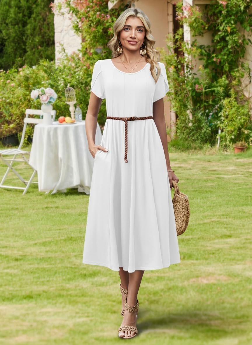 Vestido Midi Belle para Mujer – Cuello Redondo, Mangas Abullonadas y Bolsillos, Línea A Elegante