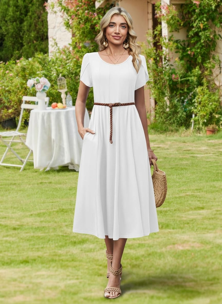 Vestido Midi Belle para Mujer – Cuello Redondo, Mangas Abullonadas y Bolsillos, Línea A Elegante