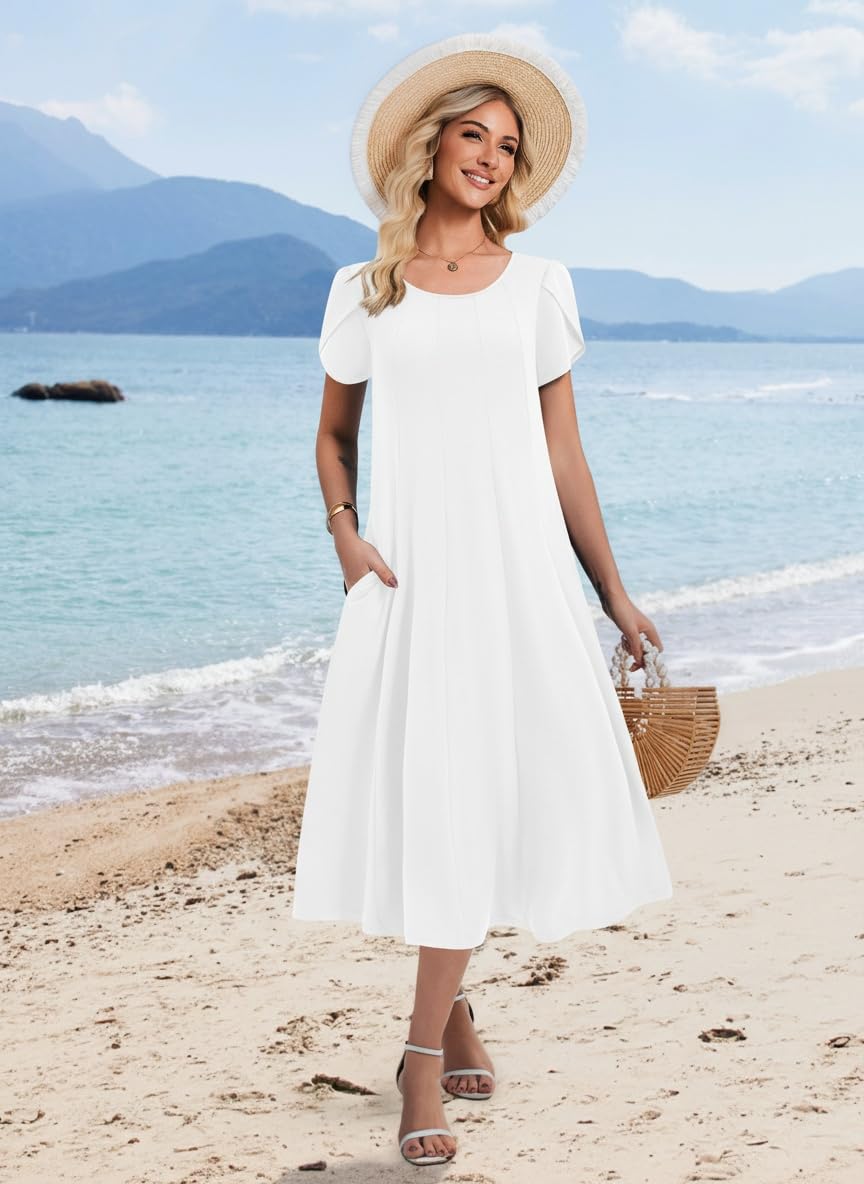 Vestido Midi Belle para Mujer – Cuello Redondo, Mangas Abullonadas y Bolsillos, Línea A Elegante