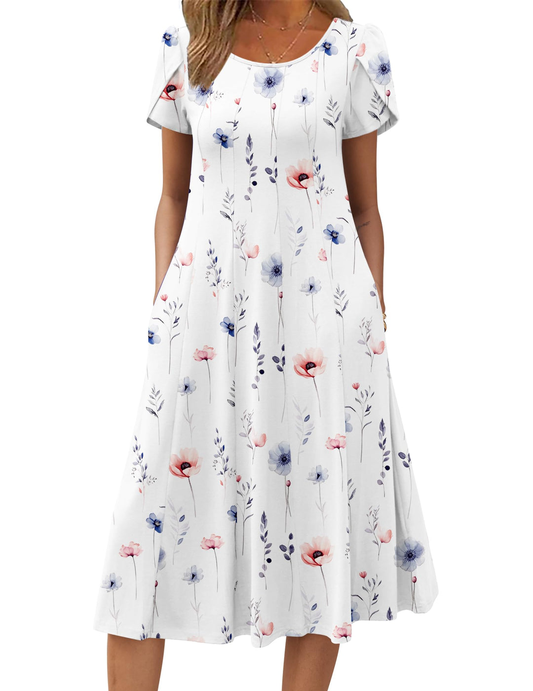 Vestido Midi Belle para Mujer – Cuello Redondo, Mangas Abullonadas y Bolsillos, Línea A Elegante