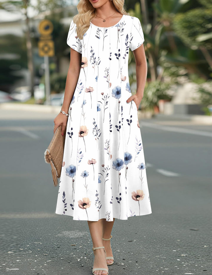Vestido Midi Belle para Mujer – Cuello Redondo, Mangas Abullonadas y Bolsillos, Línea A Elegante
