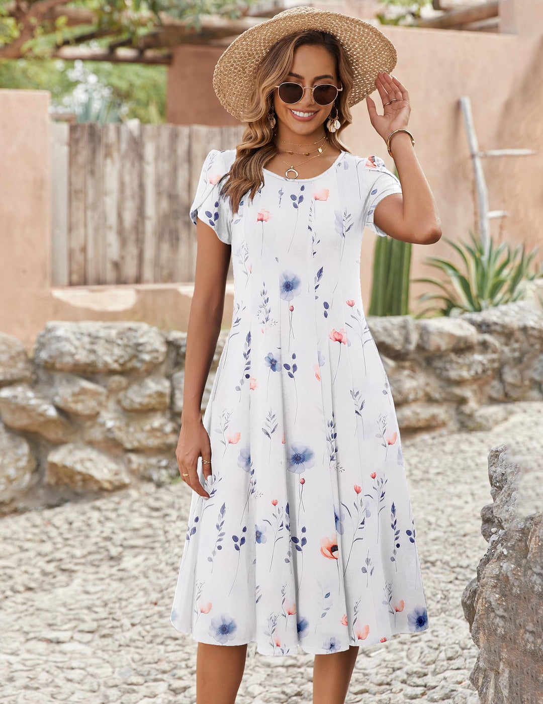 Vestido Midi Belle para Mujer – Cuello Redondo, Mangas Abullonadas y Bolsillos, Línea A Elegante