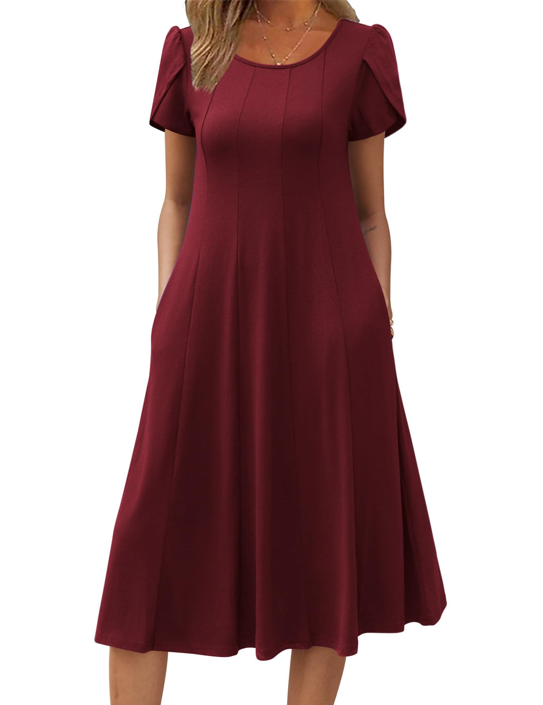 Vestido Midi Belle para Mujer – Cuello Redondo, Mangas Abullonadas y Bolsillos, Línea A Elegante