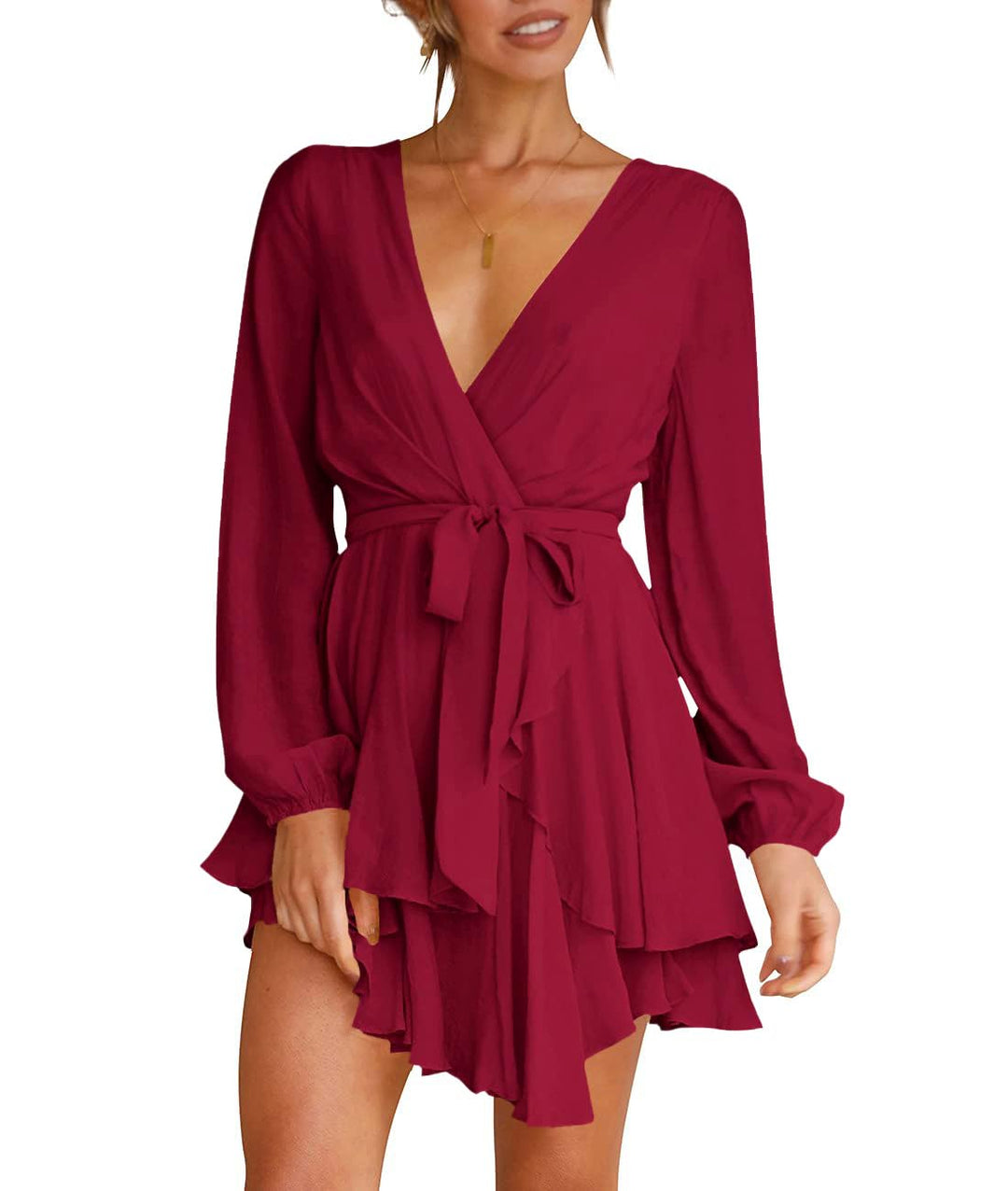 Brinley Vestido Mujer Cruzado – Escote en V Profundo, Volantes y Cintura Alta Elegante