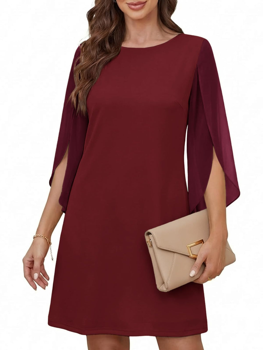 Vestido Elegante Marino para Mujer – Cuello Redondo, Mangas 3/4 de Chifón y Largo hasta la Rodilla