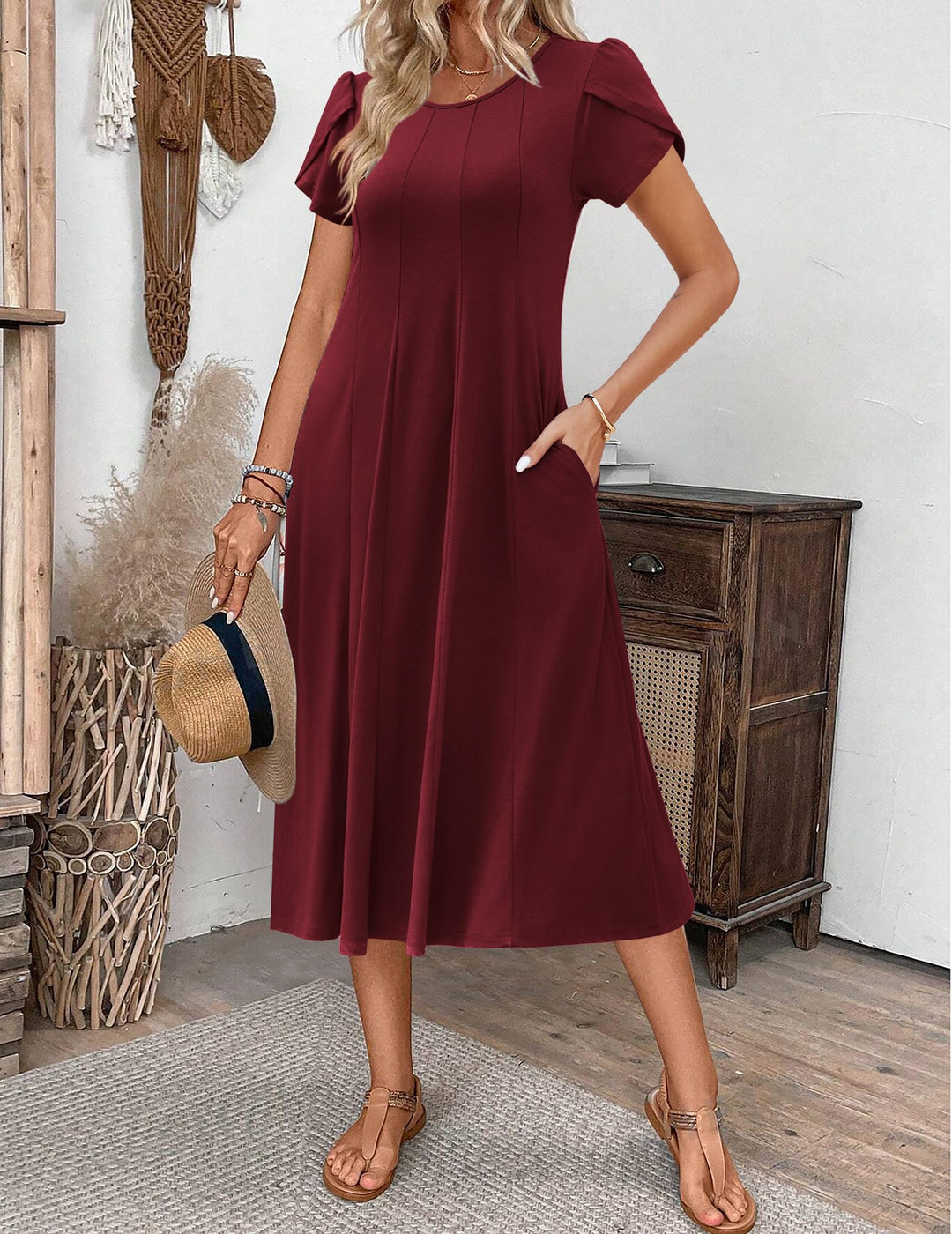 Vestido Midi Belle para Mujer – Cuello Redondo, Mangas Abullonadas y Bolsillos, Línea A Elegante