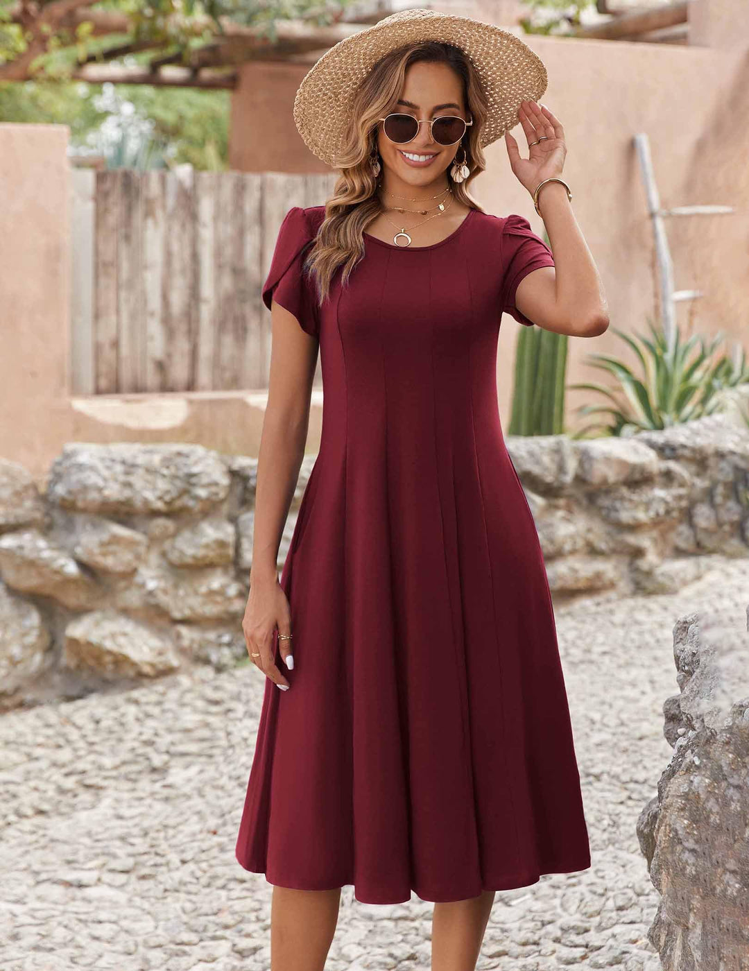 Vestido Midi Belle para Mujer – Cuello Redondo, Mangas Abullonadas y Bolsillos, Línea A Elegante