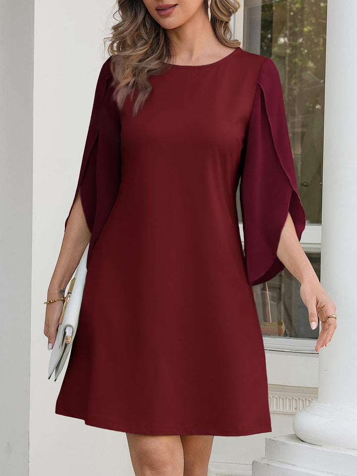 Vestido Elegante Marino para Mujer – Cuello Redondo, Mangas 3/4 de Chifón y Largo hasta la Rodilla