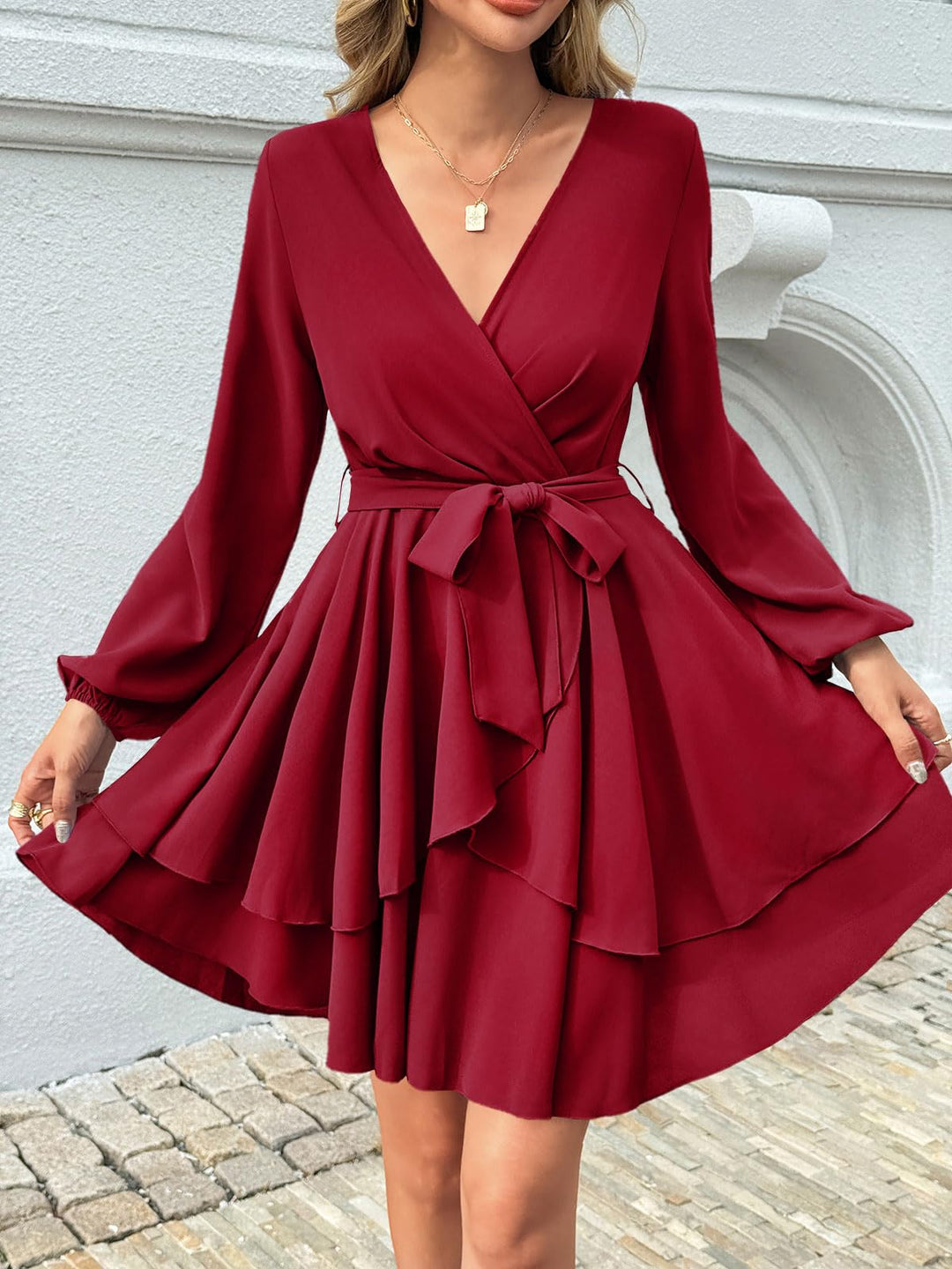 Brinley Vestido Mujer Cruzado – Escote en V Profundo, Volantes y Cintura Alta Elegante