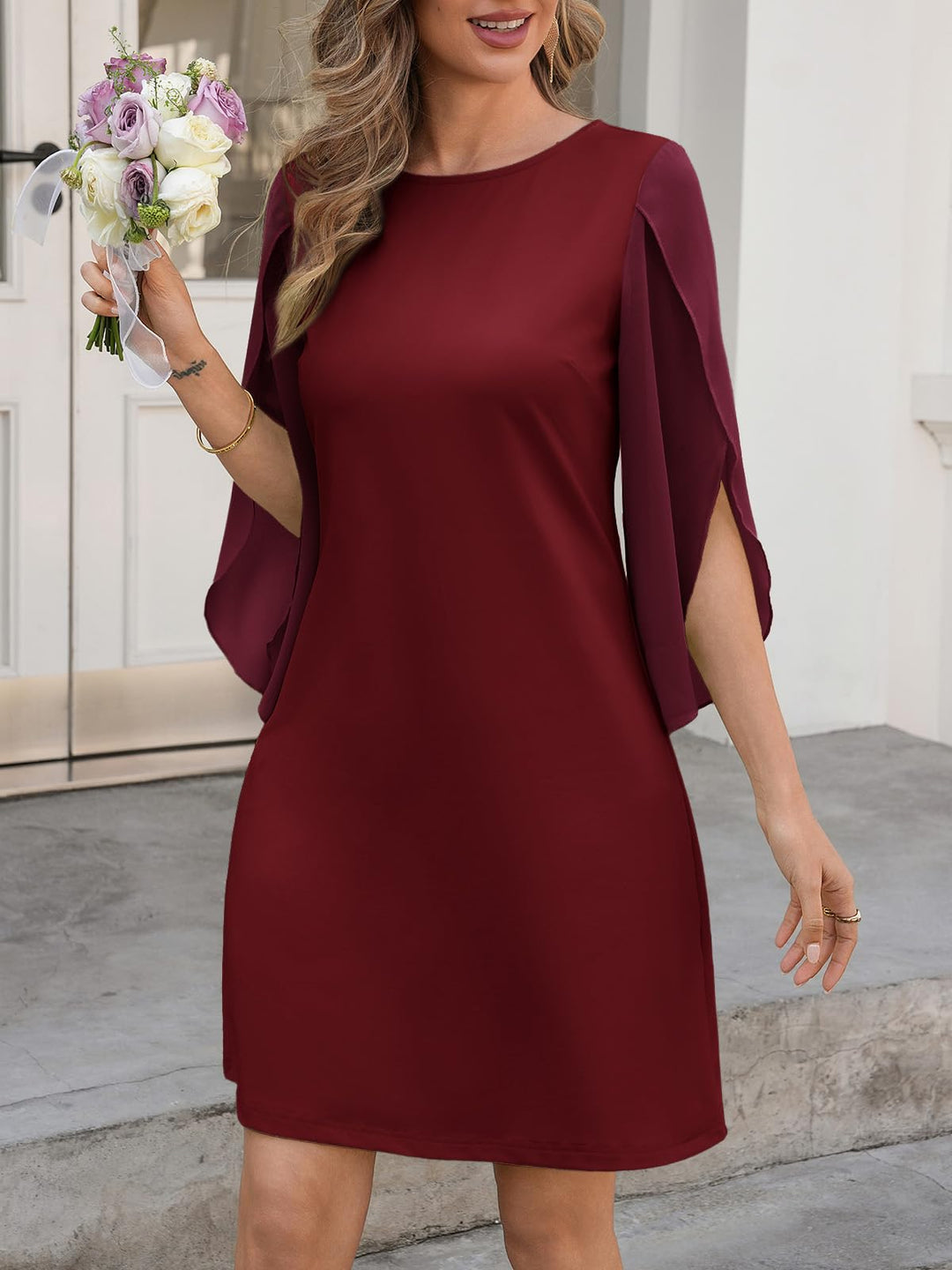 Vestido Elegante Marino para Mujer – Cuello Redondo, Mangas 3/4 de Chifón y Largo hasta la Rodilla