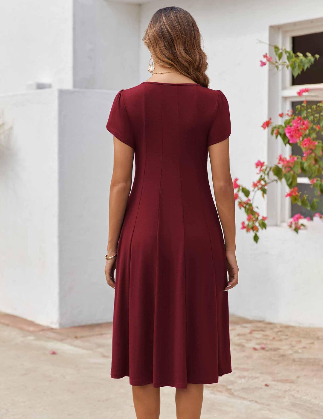 Vestido Midi Belle para Mujer – Cuello Redondo, Mangas Abullonadas y Bolsillos, Línea A Elegante