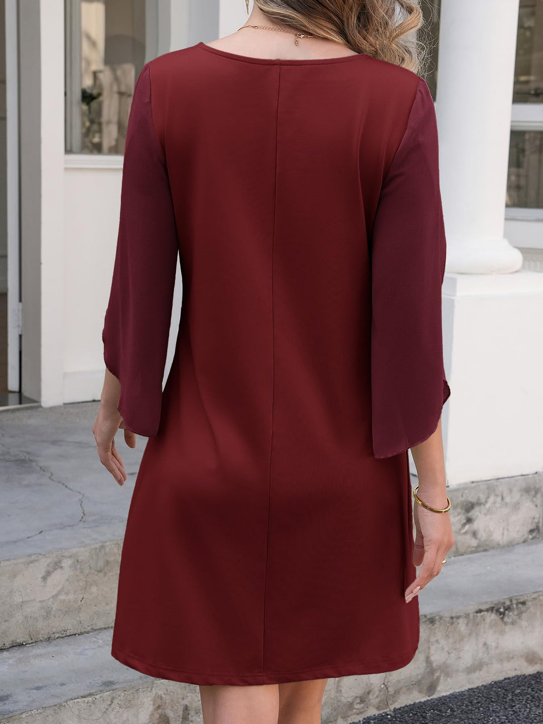 Vestido Elegante Marino para Mujer – Cuello Redondo, Mangas 3/4 de Chifón y Largo hasta la Rodilla