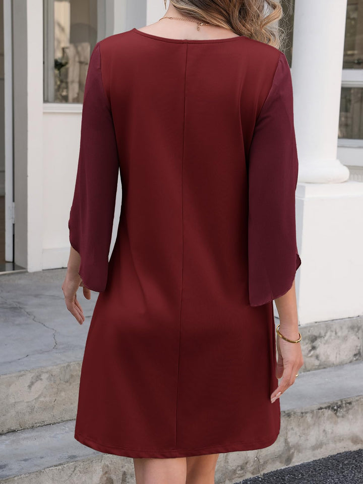Vestido Elegante Marino para Mujer – Cuello Redondo, Mangas 3/4 de Chifón y Largo hasta la Rodilla