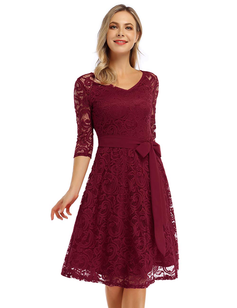 Rose Elegant Lace Dress for Women – V-Neck, Knee-Length & Vintage Style