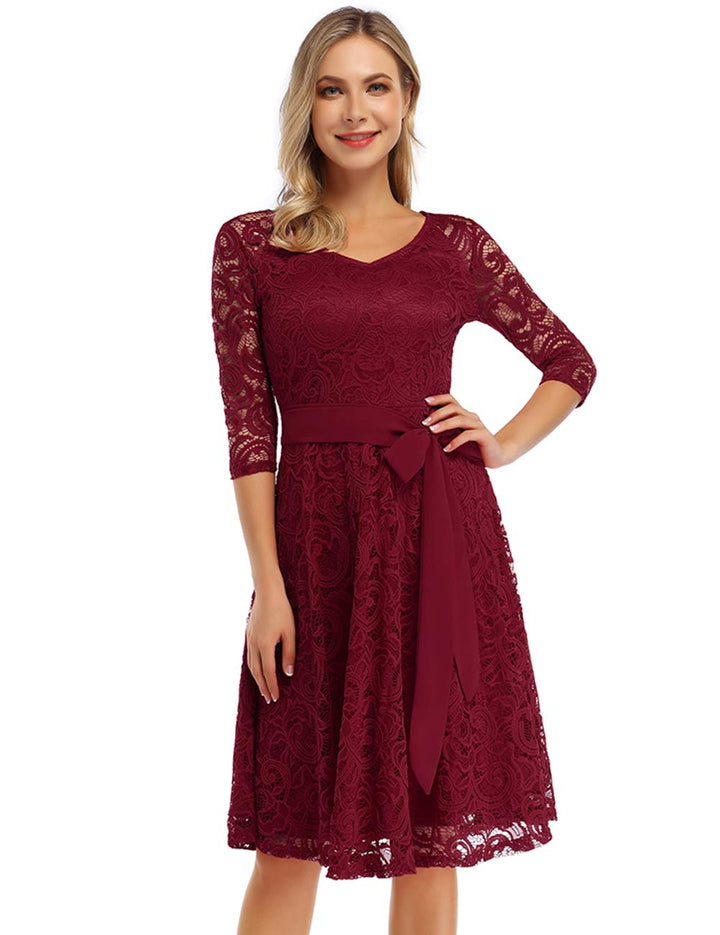 Rose Elegant Lace Dress for Women – V-Neck, Knee-Length & Vintage Style