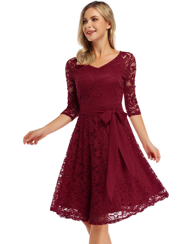 Rose Elegant Lace Dress for Women – V-Neck, Knee-Length & Vintage Style