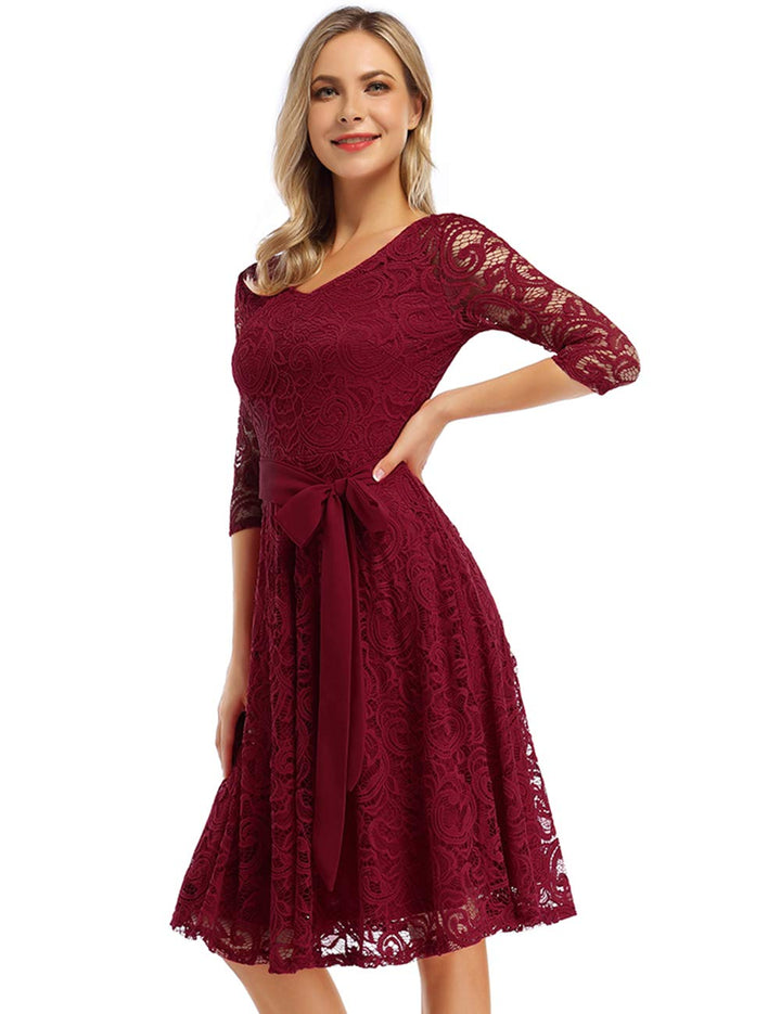 Rose Elegant Lace Dress for Women – V-Neck, Knee-Length & Vintage Style