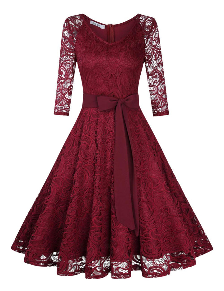 Rose Elegant Lace Dress for Women – V-Neck, Knee-Length & Vintage Style