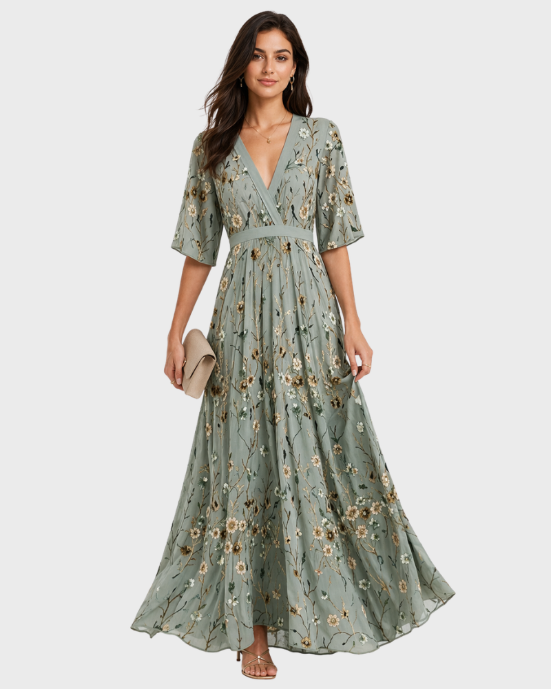 Luna Φόρεμα Καλοκαιρινό Γυναικείο – V Λαιμόκοψη, Φλοράλ Σχέδιο & Κομψή Ροή Κοπής