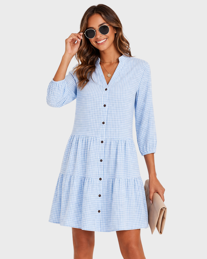 Rochie de vară pentru femei Ariana – Pătrate albastre, material ușor și stil proaspăt chic