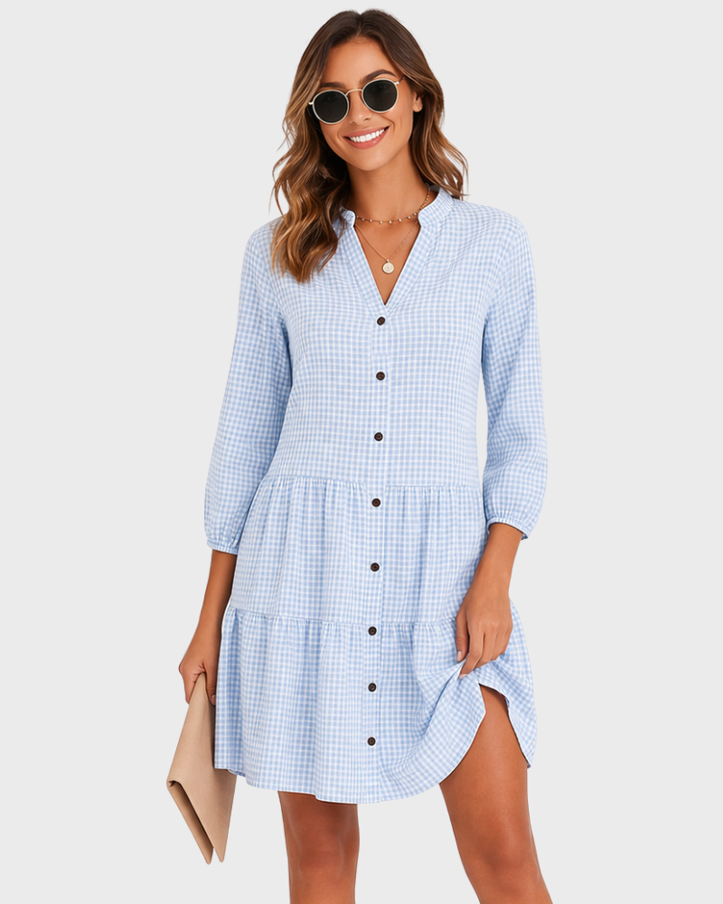 Rochie de vară pentru femei Ariana – Pătrate albastre, material ușor și stil proaspăt chic