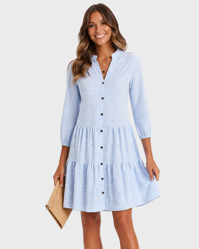 Rochie de vară pentru femei Ariana – Pătrate albastre, material ușor și stil proaspăt chic