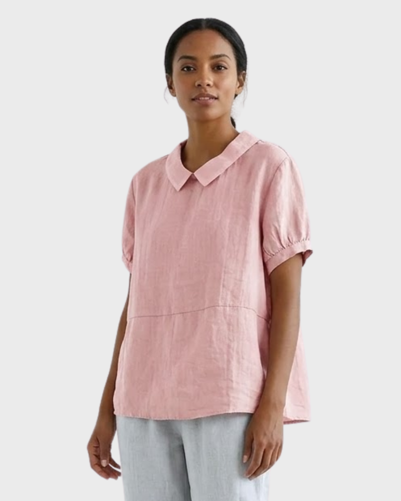 Madeline Blusa Mujer Algodón Lino – Blusa Manga Corta con Cuello Clásico Casual