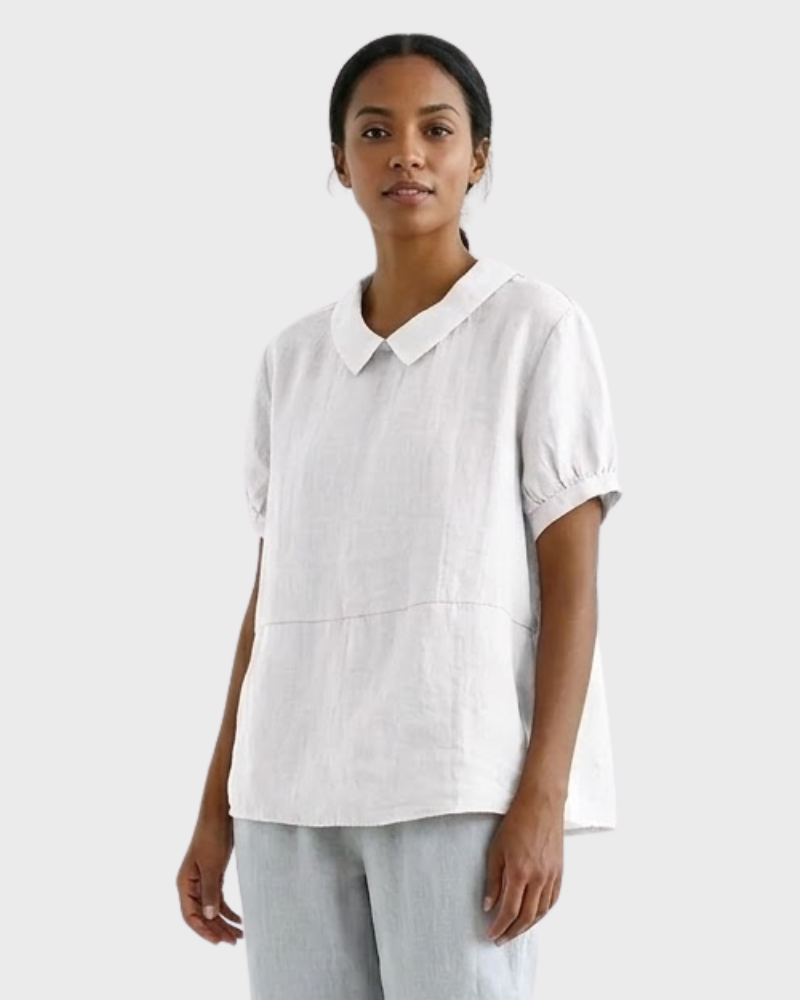 Madeline Blusa Mujer Algodón Lino – Blusa Manga Corta con Cuello Clásico Casual