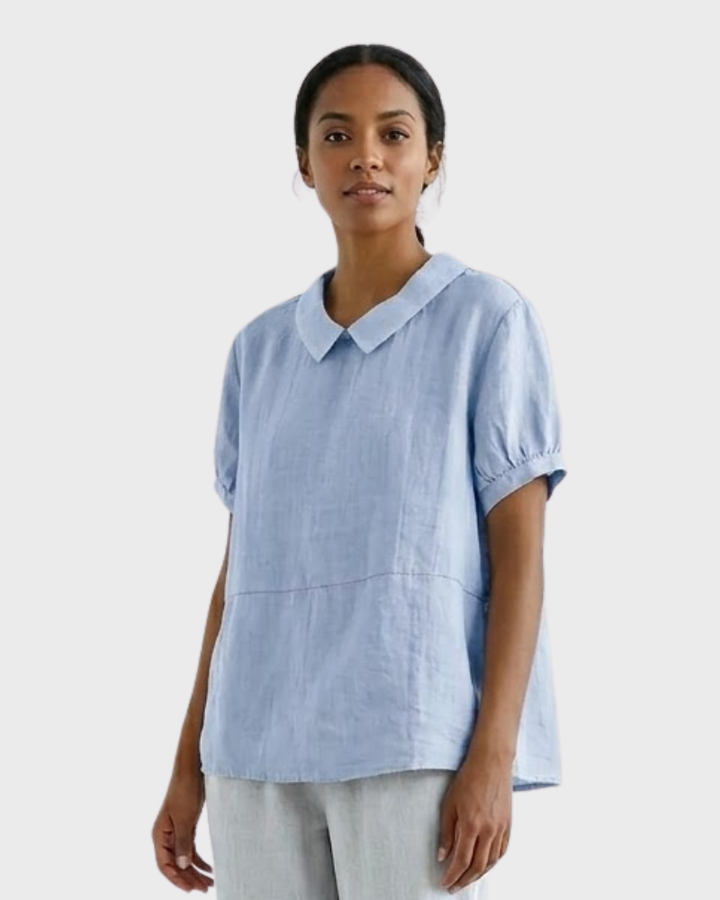 Madeline Blusa Mujer Algodón Lino – Blusa Manga Corta con Cuello Clásico Casual