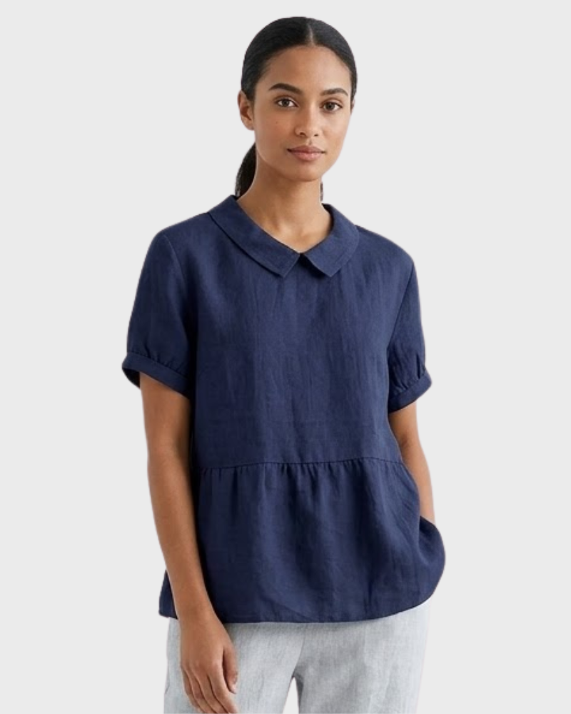 Madeline Blusa Mujer Algodón Lino – Blusa Manga Corta con Cuello Clásico Casual