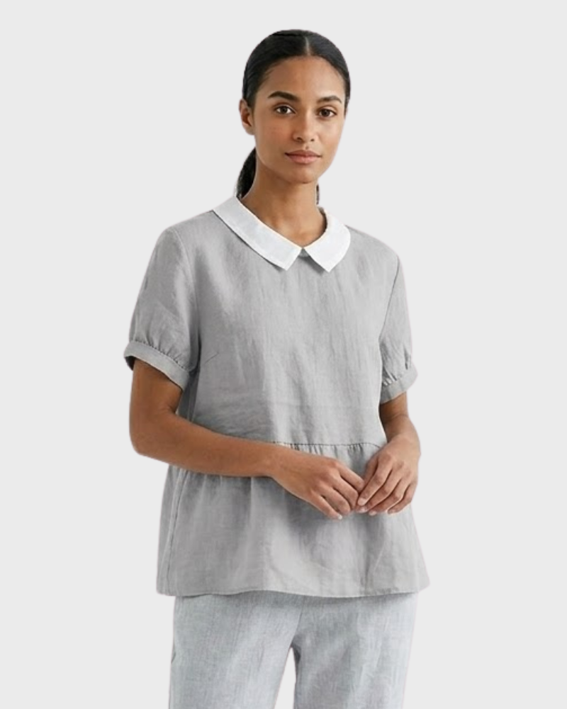 Madeline Blusa Mujer Algodón Lino – Blusa Manga Corta con Cuello Clásico Casual